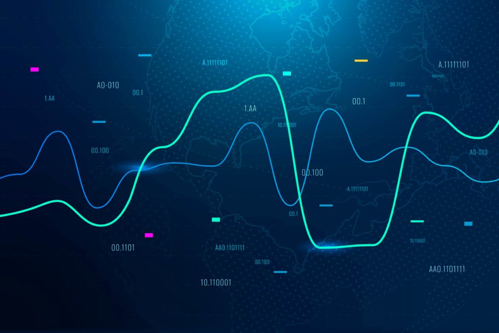 Imagem abstrata de um gráfico em cores azul marinho. Em segundo plano aparece o mapa mundi com opacidade quase invisível, em primeiro plano aparece duas linhas saindo da esquerda para direita fazendo oscilações de cima para baixo simulando altos e baixos ao longo do tempo