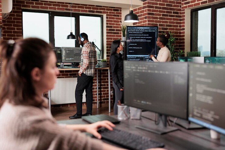 Time de profissionais trabalhando em computadores em empresa de terceirização de TI.